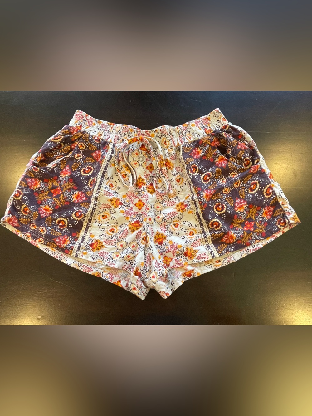 Gypsies & Moondust Floral Patchwork Drawstring Shorts - White, Navy & Orange